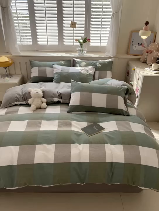 91家纺网 家纺一手货源 找家纺 盛秋家纺 2025新款亲肤格子水洗棉四件套 绿大格+明灰