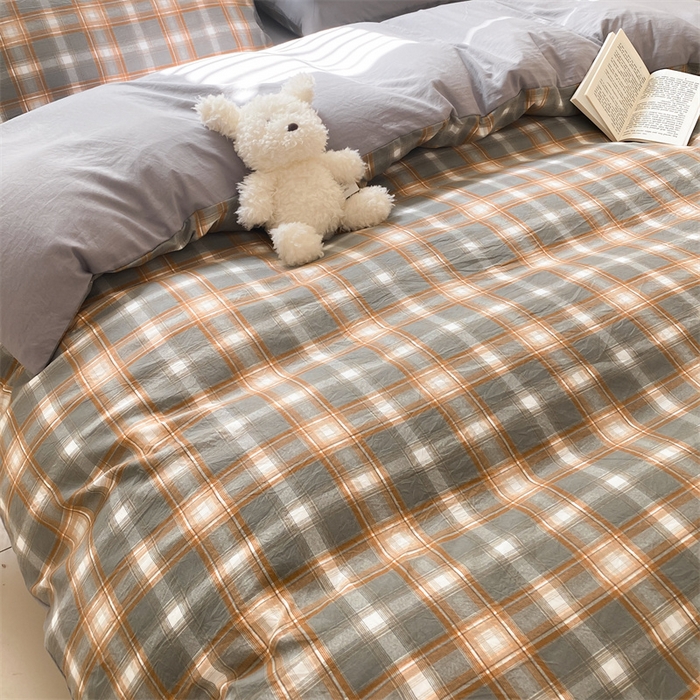 91家纺网 家纺一手货源 找家纺 盛秋家纺 2025新款亲肤格子水洗棉四件套 洛卡+中灰