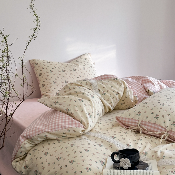 91家纺网 家纺一手货源 找家纺 旷野 2024双层纱碎花蕾丝拼接款四件套--柏林花事 柏林花事-粉