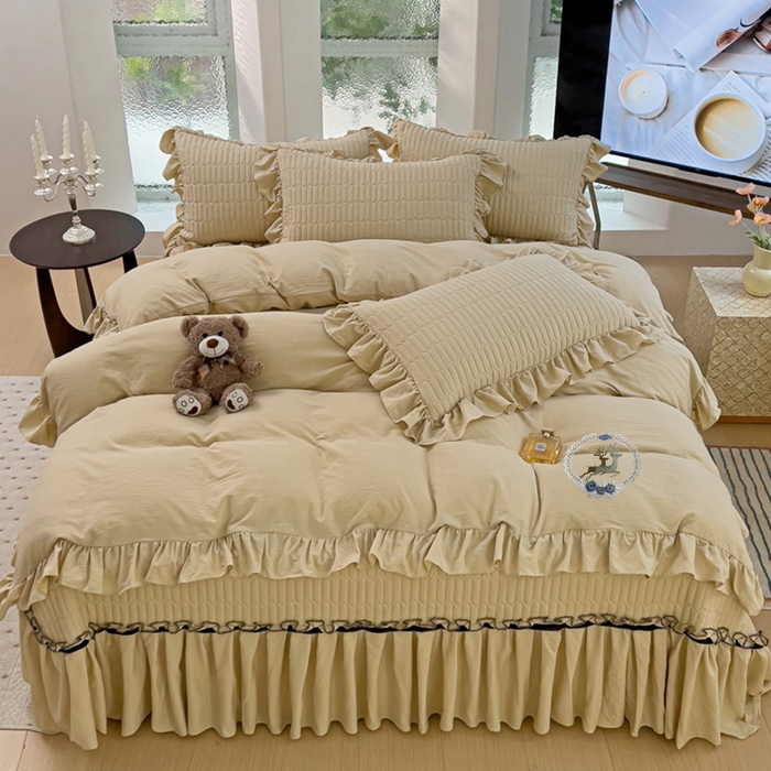 91家纺网 家纺一手货源 找家纺 言熙居家纺 2024新款亲肤床盖四件套-浪漫之约 浪漫之约卡其