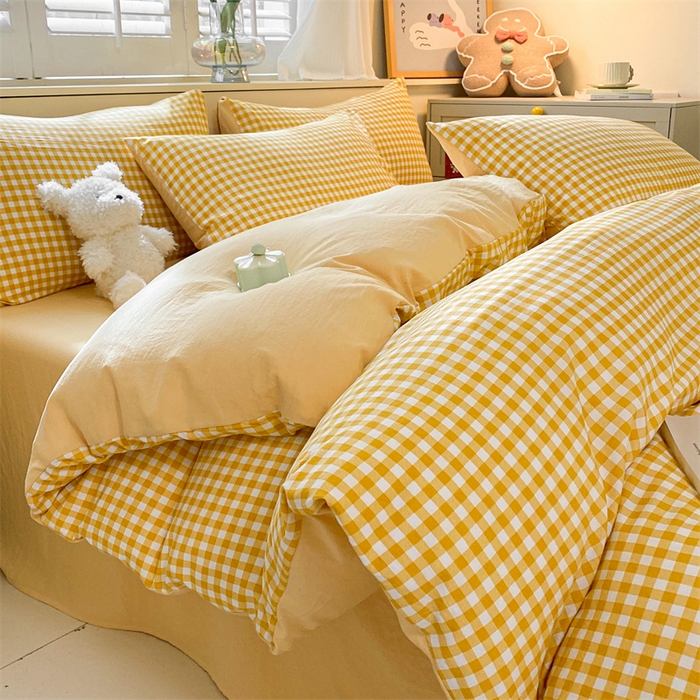91家纺网 家纺一手货源 找家纺 盛秋家纺 2025新款亲肤格子水洗棉四件套 黄小格+云初黄