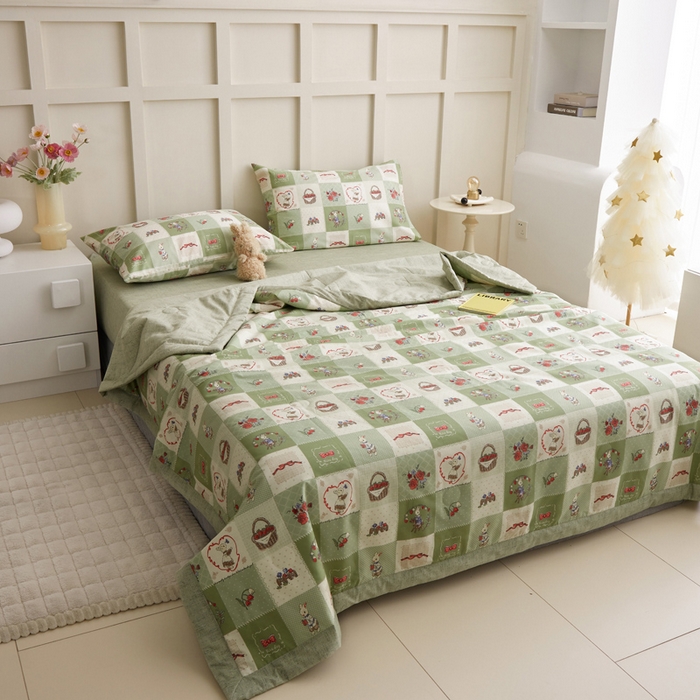 91家纺网 家纺一手货源 找家纺 怡家居 2024新款全棉印花手包边夏被四件套 安格兔