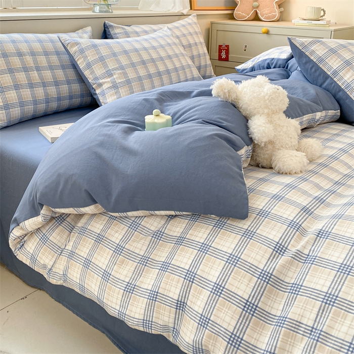 91家纺网 家纺一手货源 找家纺 盛秋家纺 2025新款亲肤格子水洗棉四件套 博克+蓝灰