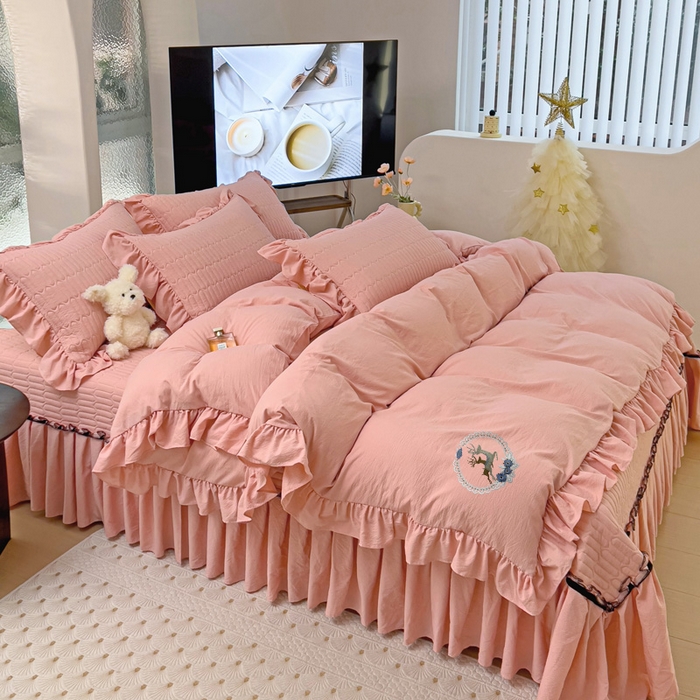 91家纺网 家纺一手货源 找家纺 言熙居家纺 2024新款亲肤床盖四件套-浪漫之约 浪漫之约浅粉