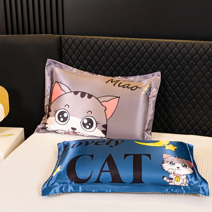 91家纺网 家纺一手货源 找家纺 梦舒羽 2025新款可水洗冰丝枕套宿舍单人凉爽枕头套 招财小猫