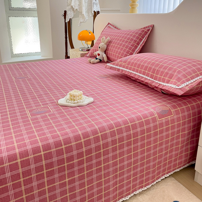 91家纺网 家纺一手货源 找家纺 鸿羽樱 2024新款鱼骨棉老粗布凉席三件套 格韵-粉