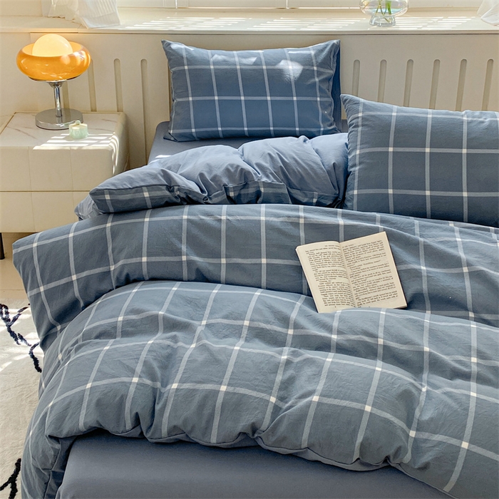 91家纺网 家纺一手货源 找家纺 盛秋家纺 2025新款亲肤格子水洗棉四件套 灰大格+蓝灰