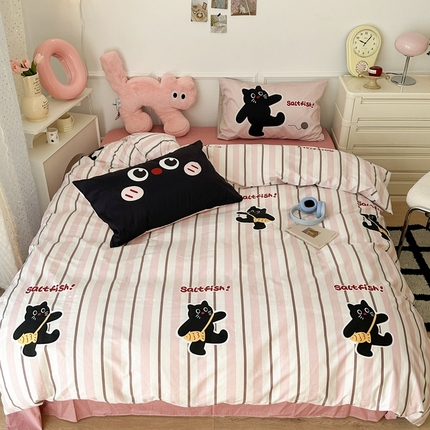 昔可家纺 2024新款全棉卡通大版印花四件套 黑猫小鱼