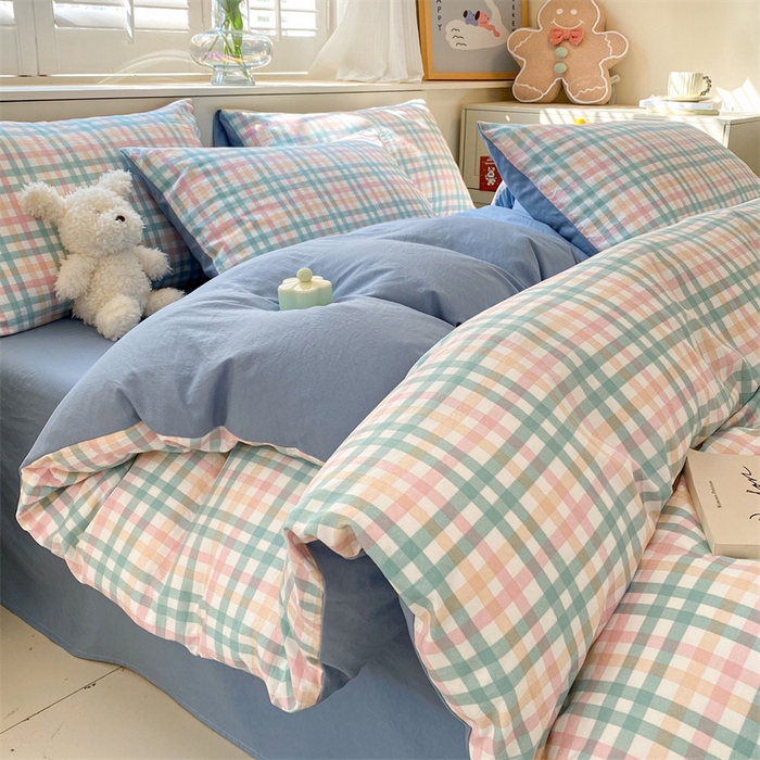 91家纺网 家纺一手货源 找家纺 盛秋家纺 2025新款亲肤格子水洗棉四件套 朵拉+海清