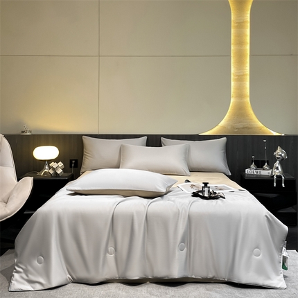 91家纺网 家纺一手货源 找家纺 佳品居 2024新款莱赛尔天丝纯色夏被四件套 轻奢-杏仁灰拼贝拉金