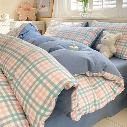 盛秋家纺 2025新款亲肤格子水洗棉四件套 朵拉+海清