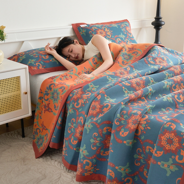 91家纺网 家纺一手货源 找家纺 棠薇家纺 2025新款60S新疆长绒棉细纱毛巾被盖毯大床盖 温婉花境