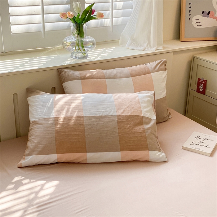 91家纺网 家纺一手货源 找家纺 盛秋家纺 2025新款亲肤格子水洗棉四件套 咖大格+奶茶