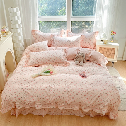 91家纺网 家纺一手货源 找家纺 艾唯希家纺 2024新款韩式花边全棉四件套 幸福花朵