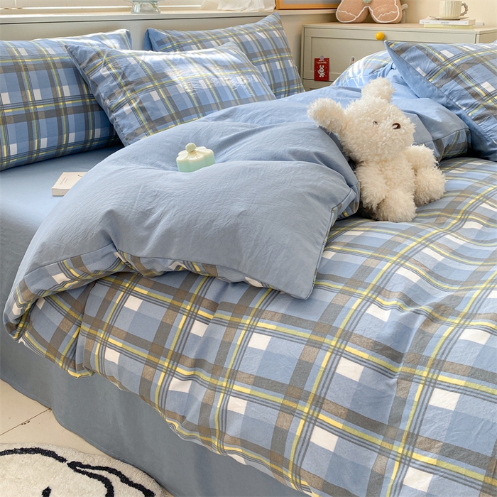 91家纺网 家纺一手货源 找家纺 盛秋家纺 2025新款亲肤格子水洗棉四件套 简约+海清