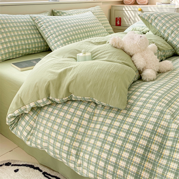 91家纺网 家纺一手货源 找家纺 盛秋家纺 2025新款亲肤格子水洗棉四件套 抹茶+果绿