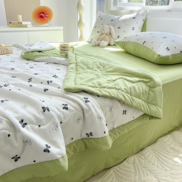 91家纺网 家纺一手货源 找家纺 安哆啦家纺 2024新款A类泡泡棉印花夏被四件套 蝴蝶结