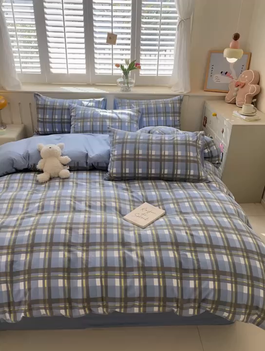 91家纺网 家纺一手货源 找家纺 盛秋家纺 2025新款亲肤格子水洗棉四件套 简约+海清