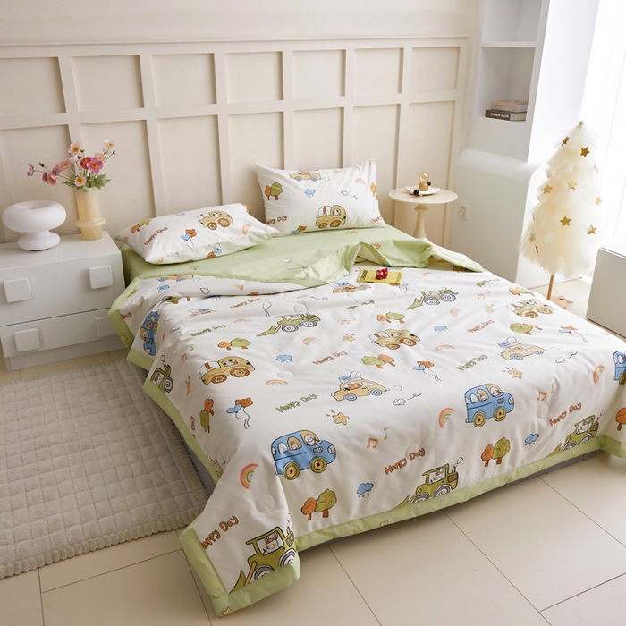 91家纺网 家纺一手货源 找家纺 怡家居 2024新款全棉印花手包边夏被四件套 快乐滴滴