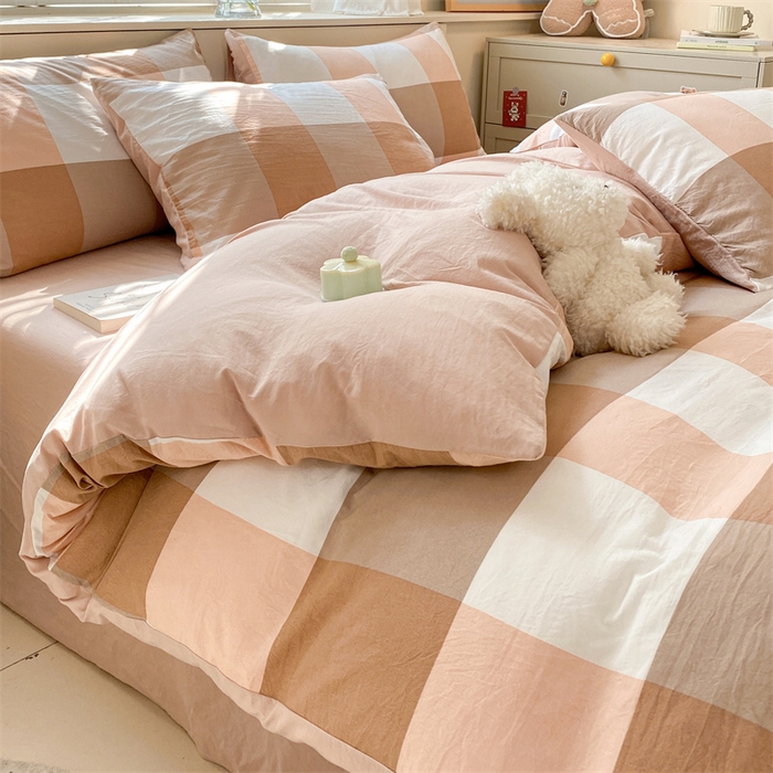 91家纺网 家纺一手货源 找家纺 盛秋家纺 2025新款亲肤格子水洗棉四件套 咖大格+奶茶