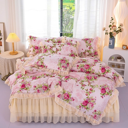 木兰花 2024新款全棉印花被套蕾丝夹棉床裙款四件套 夏琳粉