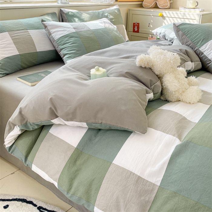 91家纺网 家纺一手货源 找家纺 盛秋家纺 2025新款亲肤格子水洗棉四件套 绿大格+明灰