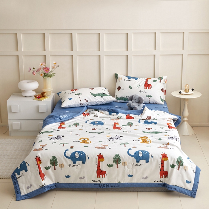 91家纺网 家纺一手货源 找家纺 怡家居 2024新款全棉印花手包边夏被四件套 森林王国