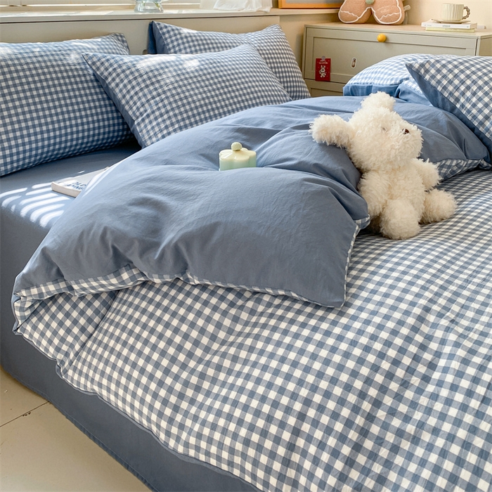 91家纺网 家纺一手货源 找家纺 盛秋家纺 2025新款亲肤格子水洗棉四件套 蓝小格+蓝灰