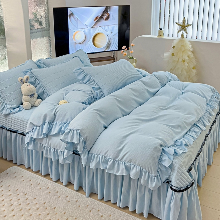 91家纺网 家纺一手货源 找家纺 言熙居家纺 2024新款亲肤床盖四件套-浪漫之约 浪漫之约天蓝