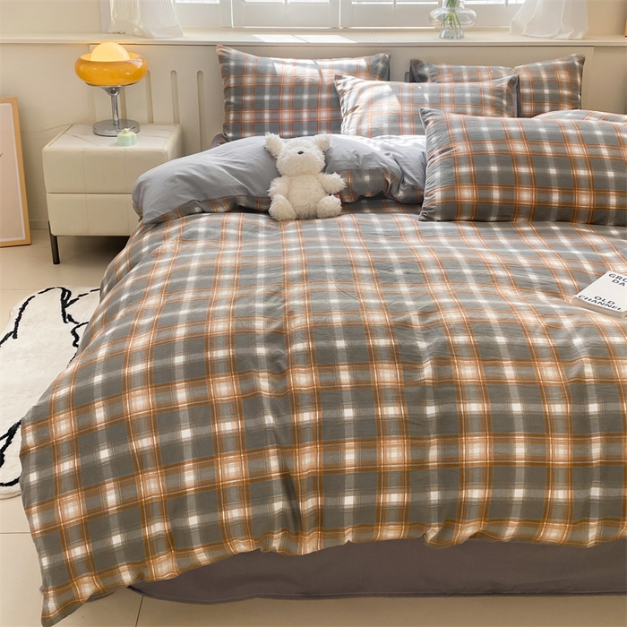 91家纺网 家纺一手货源 找家纺 盛秋家纺 2025新款亲肤格子水洗棉四件套 洛卡+中灰