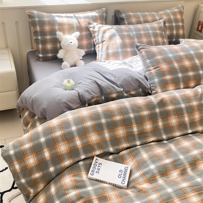 91家纺网 家纺一手货源 找家纺 盛秋家纺 2025新款亲肤格子水洗棉四件套 洛卡+中灰