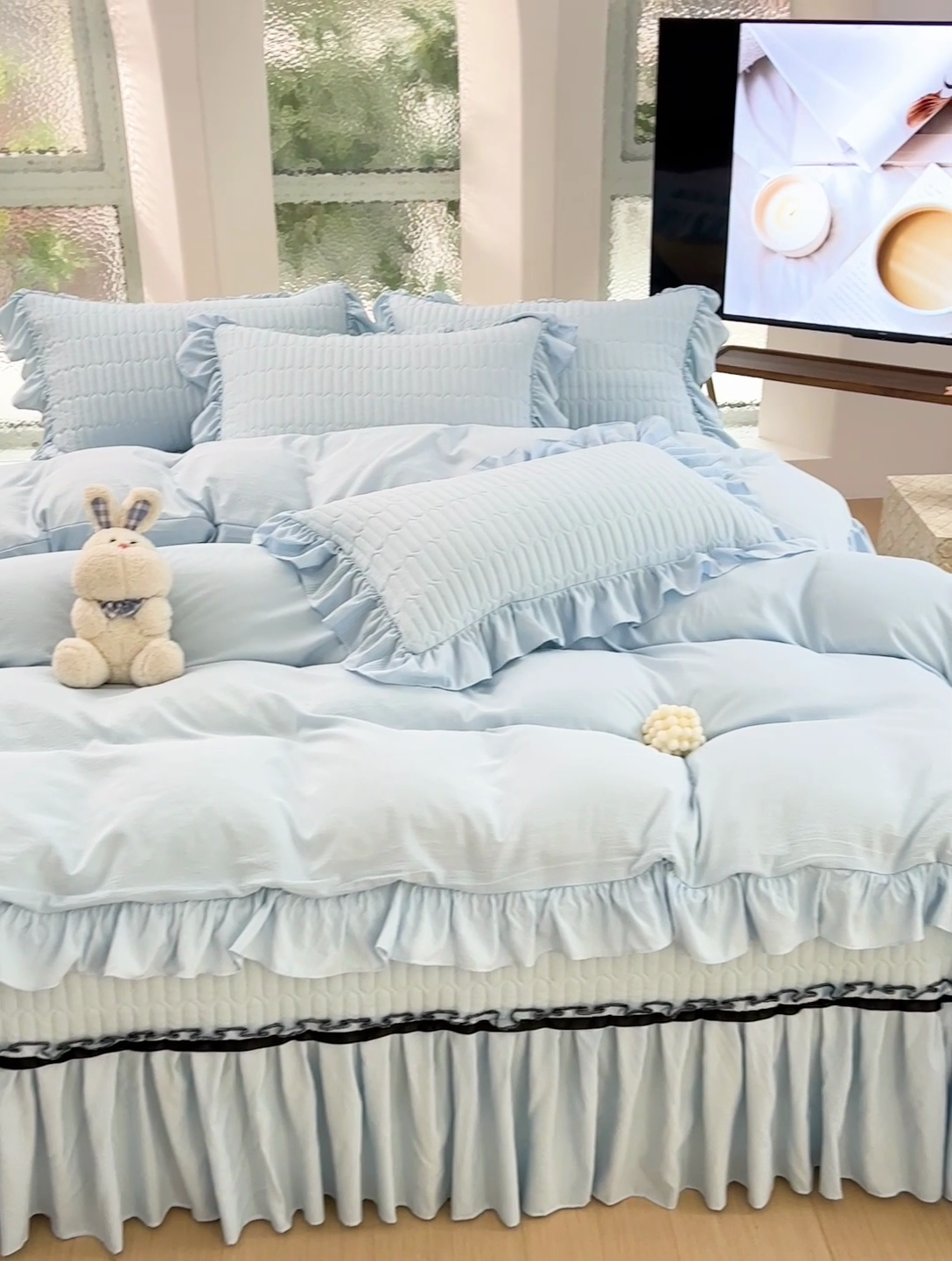 91家纺网 家纺一手货源 找家纺 言熙居家纺 2024新款亲肤床盖四件套-浪漫之约 浪漫之约天蓝