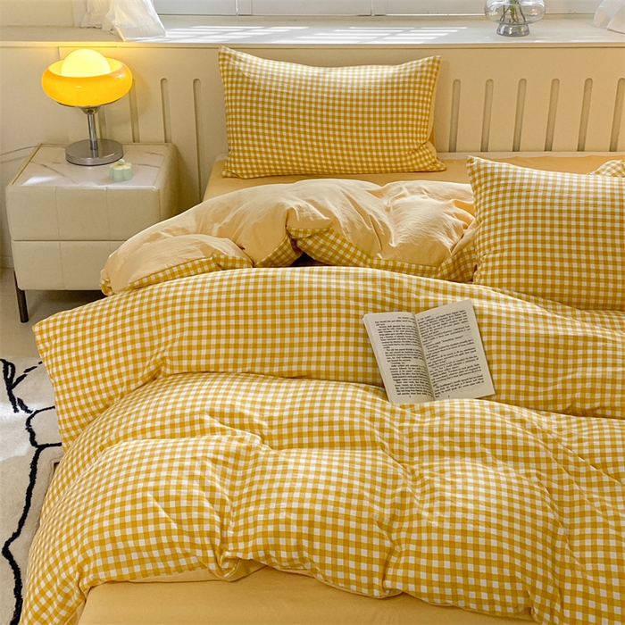 91家纺网 家纺一手货源 找家纺 盛秋家纺 2025新款亲肤格子水洗棉四件套 黄小格+云初黄