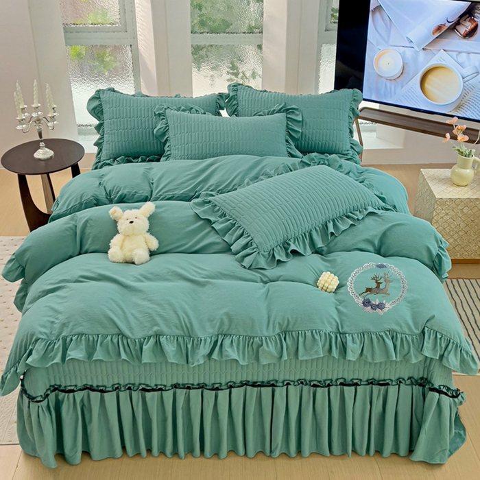 91家纺网 家纺一手货源 找家纺 言熙居家纺 2024新款亲肤床盖四件套-浪漫之约 浪漫之约宝石蓝