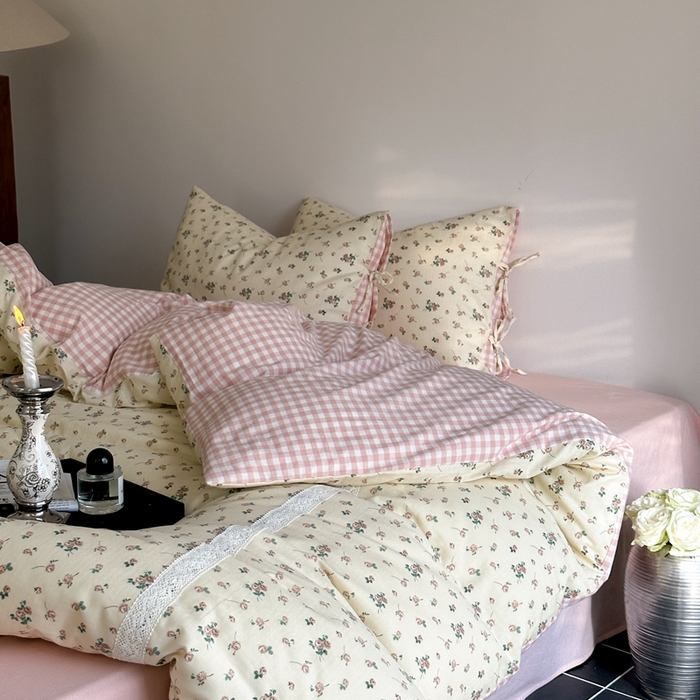 91家纺网 家纺一手货源 找家纺 （总）旷野 2024双层纱碎花蕾丝拼接款四件套--柏林花事