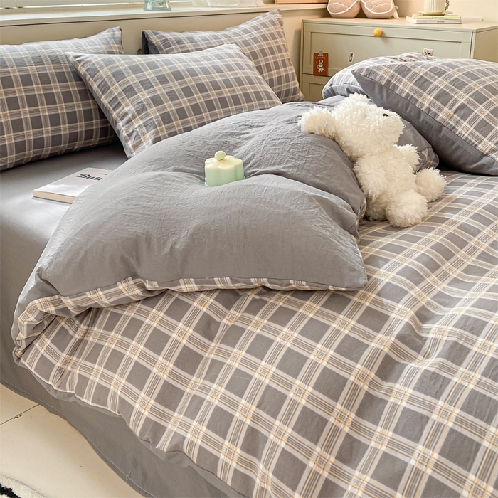 91家纺网 家纺一手货源 找家纺 盛秋家纺 2025新款亲肤格子水洗棉四件套 保罗+中灰