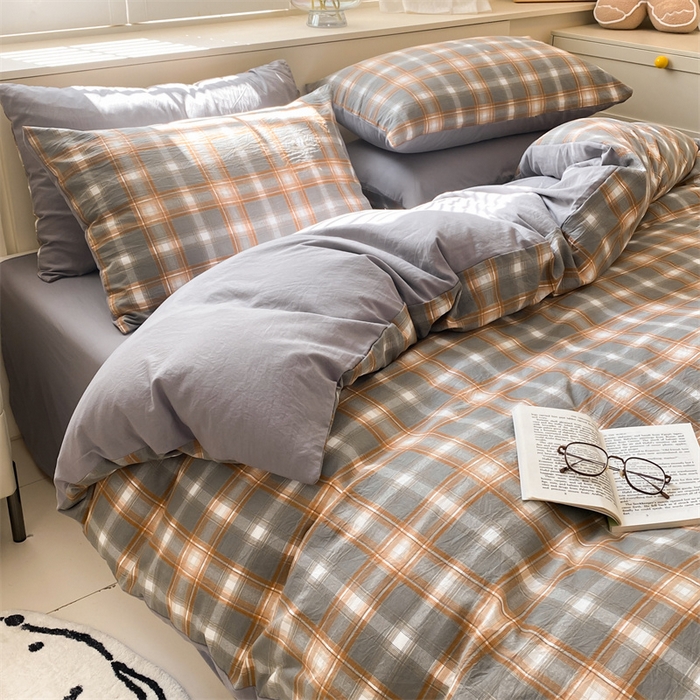 91家纺网 家纺一手货源 找家纺 盛秋家纺 2025新款亲肤格子水洗棉四件套 洛卡+中灰