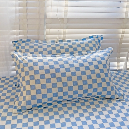 楠沐-2025年新款亲肤芦荟棉印花枕套 棋盘格蓝2