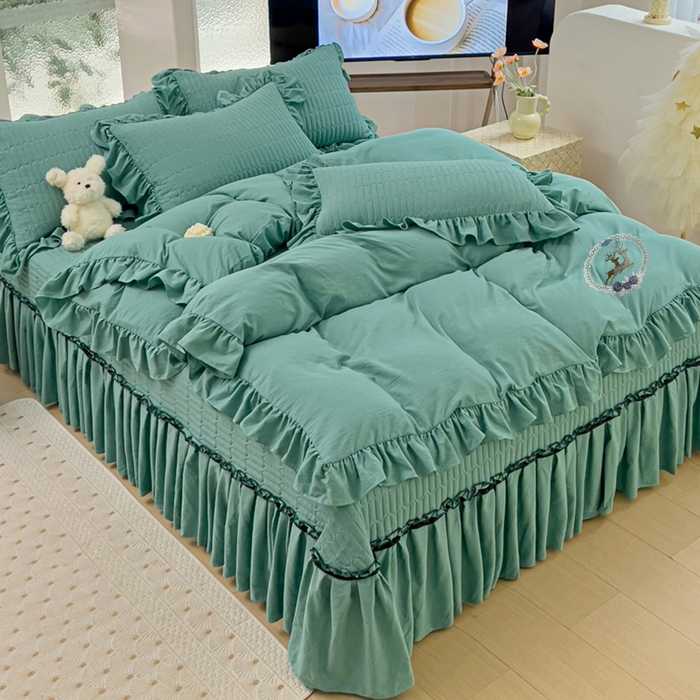 91家纺网 家纺一手货源 找家纺 言熙居家纺 2024新款亲肤床盖四件套-浪漫之约 浪漫之约宝石蓝