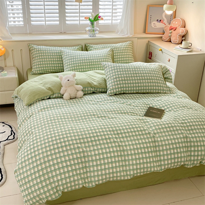 91家纺网 家纺一手货源 找家纺 盛秋家纺 2025新款亲肤格子水洗棉四件套 抹茶+果绿