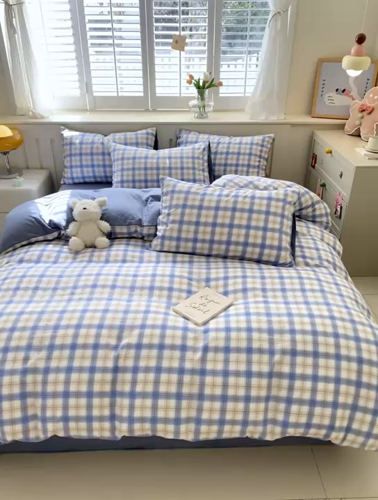 91家纺网 家纺一手货源 找家纺 盛秋家纺 2025新款亲肤格子水洗棉四件套 博克+蓝灰