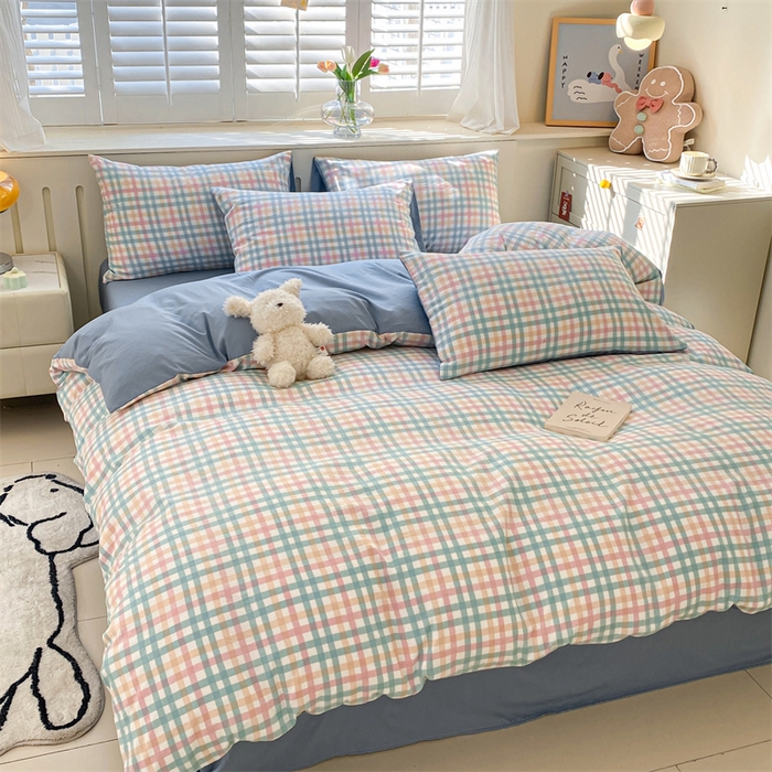 91家纺网 家纺一手货源 找家纺 盛秋家纺 2025新款亲肤格子水洗棉四件套 朵拉+海清