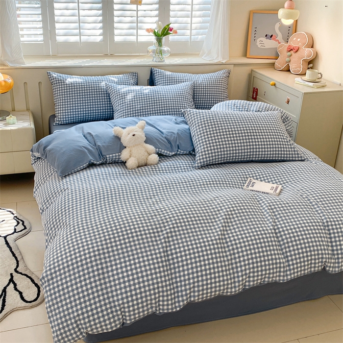 91家纺网 家纺一手货源 找家纺 盛秋家纺 2025新款亲肤格子水洗棉四件套 蓝小格+蓝灰