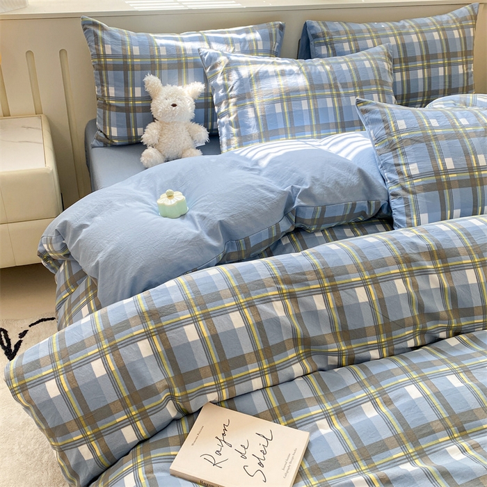 91家纺网 家纺一手货源 找家纺 盛秋家纺 2025新款亲肤格子水洗棉四件套 简约+海清