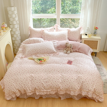 91家纺网 家纺一手货源 找家纺 艾唯希家纺 2024新款韩式花边全棉四件套 桃花香