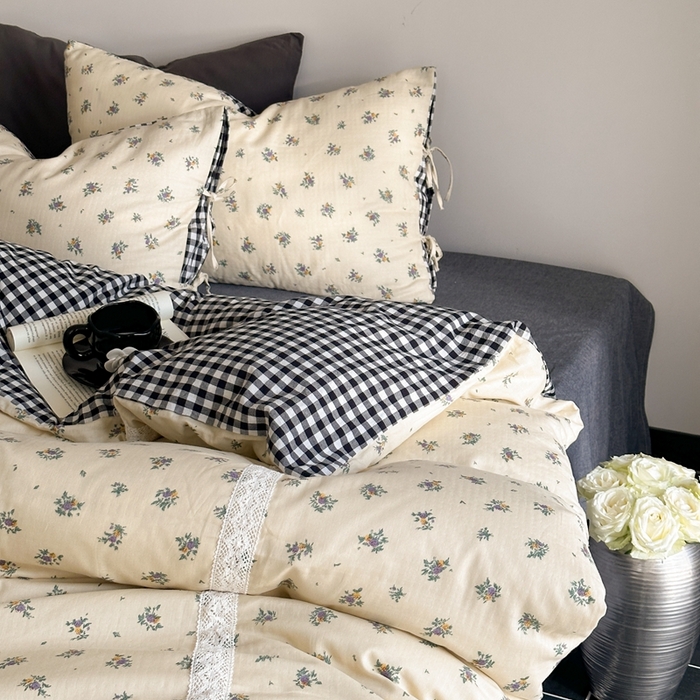 91家纺网 家纺一手货源 找家纺 旷野 2024双层纱碎花蕾丝拼接款四件套--柏林花事 柏林花事-黑