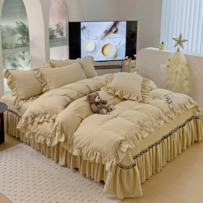 91家纺网 家纺一手货源 找家纺 言熙居家纺 2024新款亲肤床盖四件套-浪漫之约 浪漫之约卡其