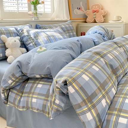 盛秋家纺 2025新款亲肤格子水洗棉四件套 简约+海清