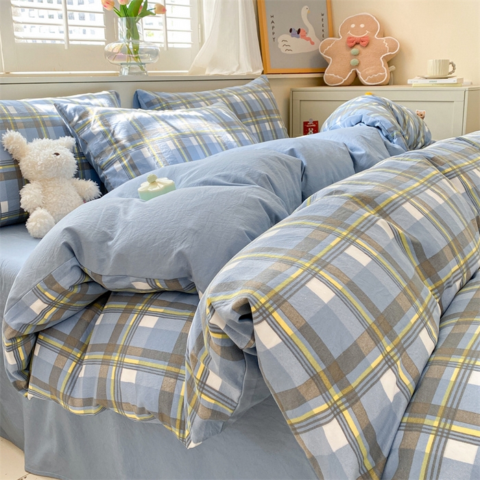 91家纺网 家纺一手货源 找家纺 盛秋家纺 2025新款亲肤格子水洗棉四件套 简约+海清