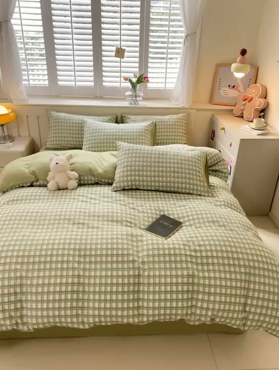 91家纺网 家纺一手货源 找家纺 盛秋家纺 2025新款亲肤格子水洗棉四件套 抹茶+果绿